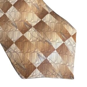 Haggar Black Label Silk Tie Geometric Brown Tan Checkerboard Extra‎ Long retro